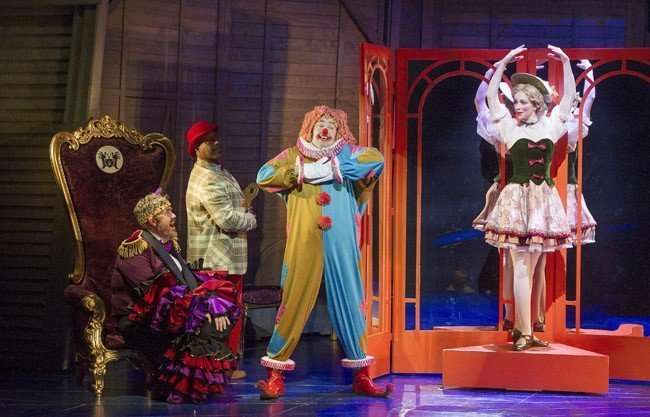 Phill Jupitus, Ewen Cummins, Jason Manford and Amy Griffiths in Chitty Chitty Bang Bang. Credit Alastair Muir