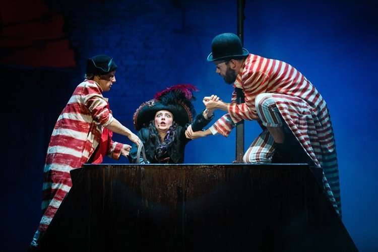 Pirate (Laura Cubitt), Captain Hook (Anna Francolini) and Smee (Felix Hayes), PETER PAN (c) Steve Tanner