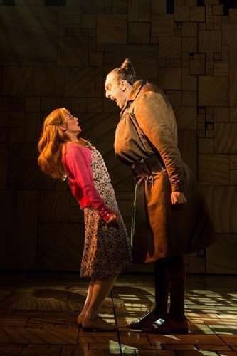 Royal Shakespeare Company's production of Matilda The Musical Miria Parvin (Miss Honey) and Craig Els (Miss Trunchbull) Credit Manuel Harlan