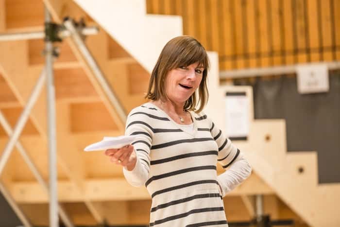 Doon Mackichan in rehearsals for Twelfth Night. Photo by Marc Brenner