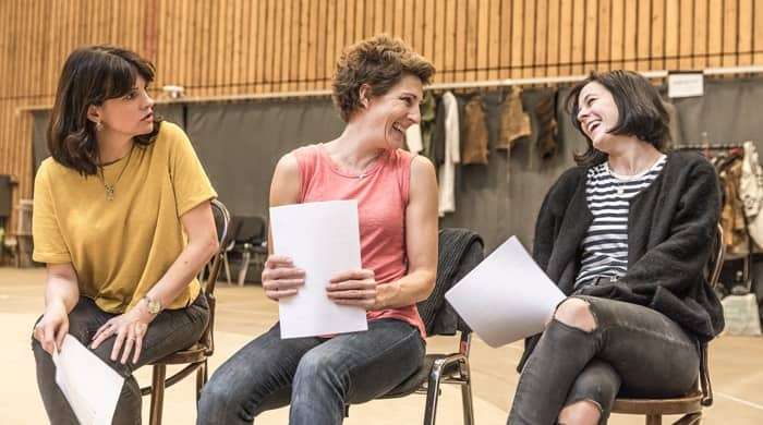 Niky Wardley, Tamsin Greig, & Phoebe Fox in rehearsals for Tamsin Greig, photograph by Marc Brenner