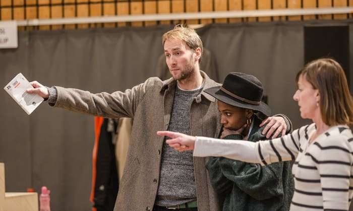 Oliver Chris, Tamara Lawrance & Doon Mackichan in rehearsals for Twelfth Night. Photo by Marc Brenner