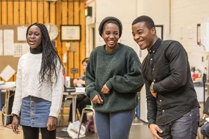 Whitney Kehinde, Tamara Lawrance, & Daniel Ezra in rehearsals for Twelfth Night. Photo by Marc Brenner