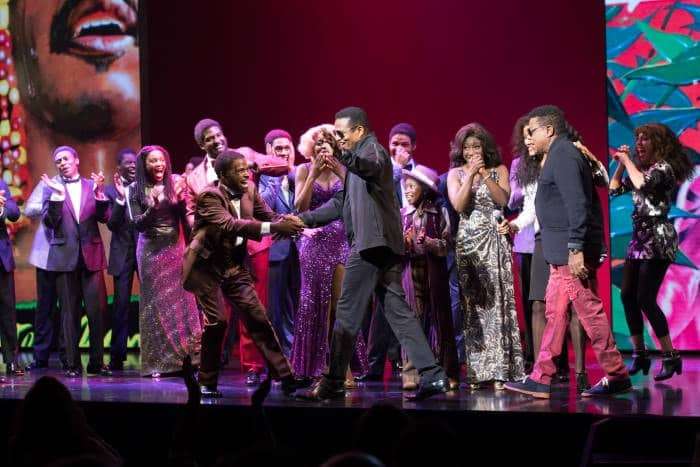 front l-r Cedric Neal (Berry Gordy), Jackie Jackson and Tito Jackson with the West End company of Motown the Musical - Photo credit Craig Sugden