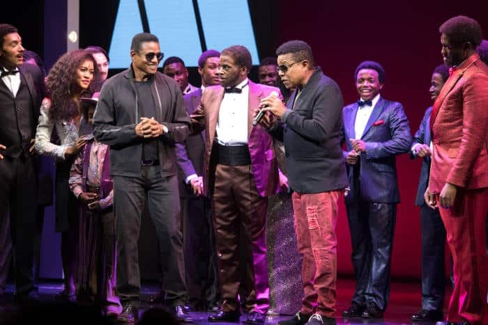 l-r Lucy St Louis (Diana Ross), Jackie Jackson, Cedric Neal (Berry Gordy) and Tito Jackson on stage at the Shaftesbury Theatre - Motown the Musical - Photo credit Craig Sugden