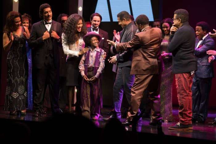 l-r Kieran McGinn (Smokey Robinson), Lucy St Louis (Diana Ross), Raphael Higgins-Humes (Young Michael Jackson), Jackie Jackson, Cedric Neal (Berry Gordy) and Tito Jackson - Photo credit Craig Sugden