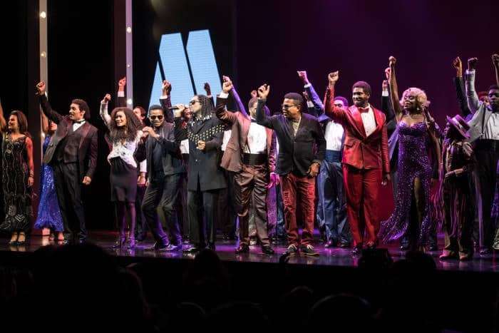 l-r Kieran McGinn(Smokey Robinson),Lucy St Louis(Diana Ross),Jackie Jackson, Ashley Samuels(Stevie Wonder),Cedric Neal(Berry Gordy),Tito Jackson,Sifiso Mazibuko(Marvin Gaye)-photo credit Craig Sugden