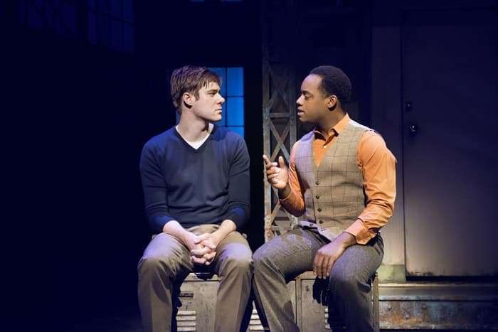 David Hunter (Charlie Price) and Simon-Anthony Rhoden (Lola) in Kinky Boots at the Adelphi Theatre, photo by Matt Crockett