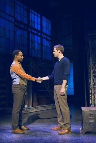Simon-Anthony Rhoden (Lola) and David Hunter (Charlie Price) in Kinky Boots at the Adelphi Theatre, photo by Matt Crockett