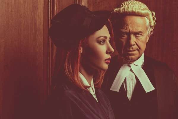 Catherine Steadman as Romaine Vole and David Yelland as Sir Wilfrid Robarts in Witness for the Prosecution photo by Idil Sukan