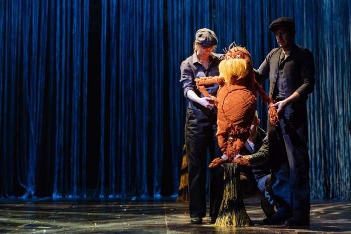 The Lorax - Laura Caldow, Ben Thompson and David Ricardo-Pearce (Puppeteers) and Simon Paisley Day (The Once-ler) in Dr. Seuss's The Lorax at The Old Vic. Photos by Manuel Harlan