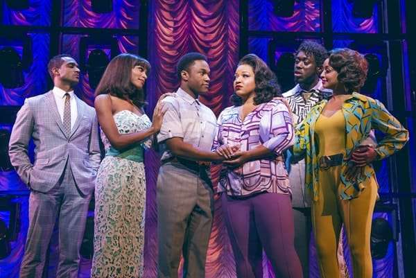 Joe Aaron Reid, Brennyn Lark, Durone Stokes, Marisha Wallace, Tosh Wanogho-Maud and Asmeret Ghebremichael in Dreamgirls at the Savoy Theatre. Credit-Dewynters.