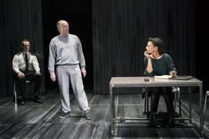 John Hastings (Prison Guard), Jason Watkins (Ralph) and Nina Sosanya (Agnetha) in Frozen at the Theatre Royal Haymarket. Photo by Johan Persson