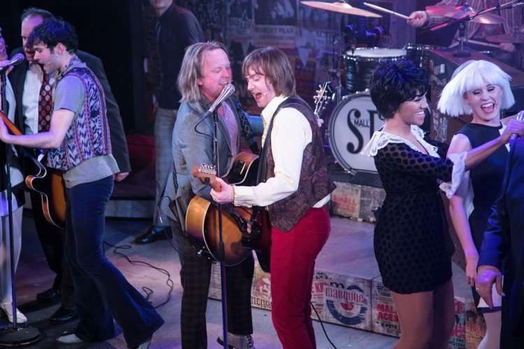 Chris Simmons as Steve Marriott, Samuel Pope as Young Steve Marriott and the cast of ALL OR NOTHING at Curtain Call. Credit Dan Wooller
