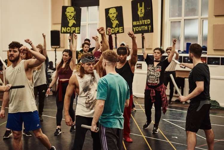 Giovanni Spano centre front and the-cast in rehearsals for BAT OUT OF HELL - credit Specular.