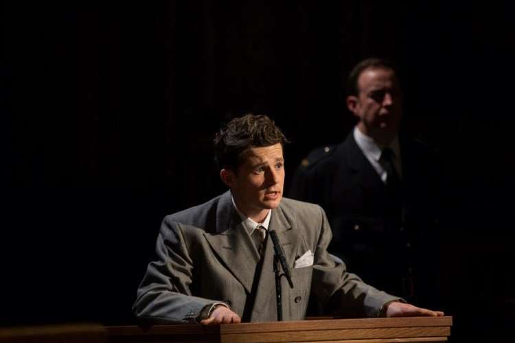 Harry Reid as Leonard Vole in Witness for the Prosecution at London County Hall. Credit Ellie Kurttz.