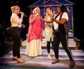 L-R Jodie Jacobs (Rachel), Janet Fullerlove (Joy), Kelly Sweeney (Tamara) & Melanie Marshall (Lou) - Unexpected Joy at Southwark Parkhouse (c) Pamela Raith Photography