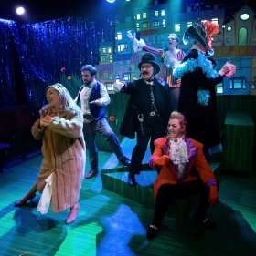 (c) Bill Knight. Left to right_ Ellie Sanderson-Nash (Cinderella), Matthew Kellett (Buttons), Catrine Kirkman (PC Pumpkin), Emily Cairns (Dandini), Jennie Jacobs (Prince Charming), Jamie Barwood (Betty).