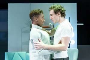 Jade Anouka (Bea) and Rory Fleck Byrne (Aaron) in the Phlebotomist at Hampstead Theatre. Photo credit Marc Brenner.