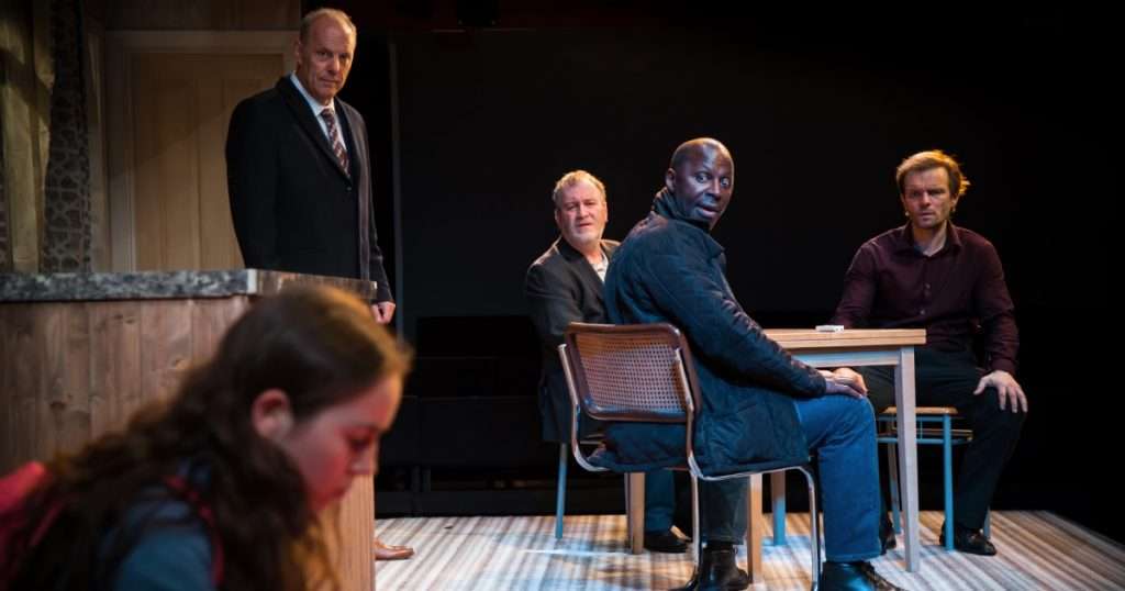 Niamh James, David Schaal, Mark Hadfield, Cyril Nri & Alec Newman (L-R) in The Weatherman at Park Theatre. Photo by Piers Foley
