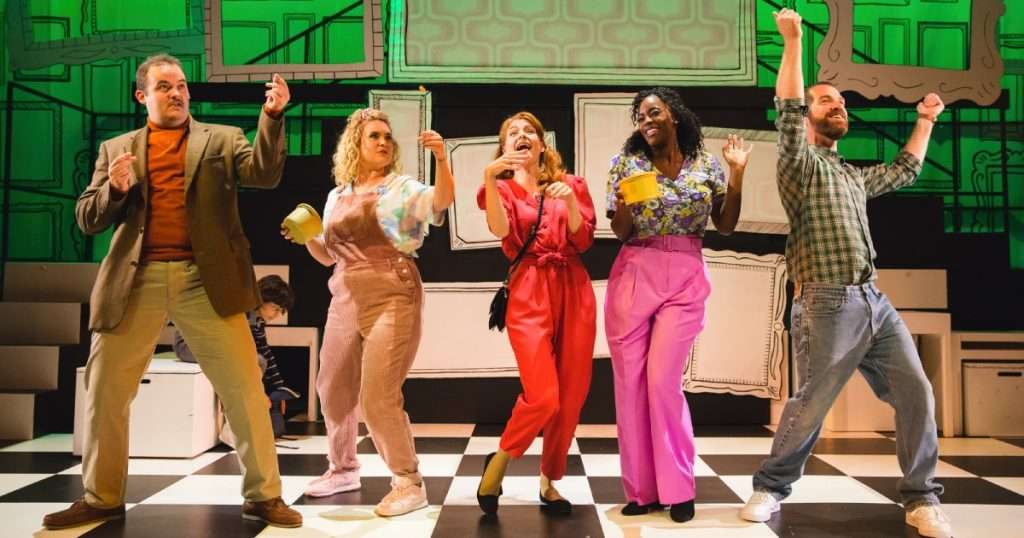 L-R Joel Montague (Mendel), Natasha J Barnes (Cordelia), Laura Pitt-Pulford (Trina), Gemma Knight-Jones (Charlotte) & Daniel Boys (Marvin) - Falsettos The Other Palace - Photos By The Standout Company
