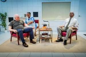 The Ice Cream Boys by Gail Louw - Jack Klaff (Ronnie Kasrils), Bu Kunene (Thandi Dube) and Andrew Francis (Jacob Zuma) at Jermyn Street Theatre. Credit - Robert Workman.