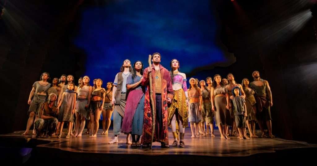 Centre LtoR Silas Wyatt-Burke, Alexia Khadime, Luke Brady and Christine Allado in The Prince of Egypt, credit Matt Crockett ©DWA LLC.