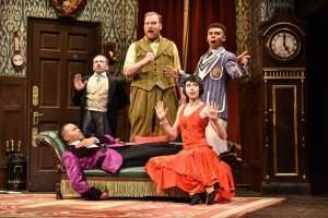 The Company of The Play That Goes Wrong at the Duchess Theatre. Photo credit Robert Day.