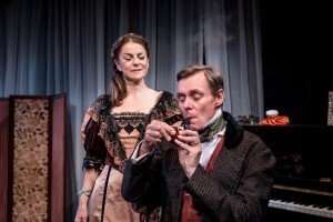 Miranda Foster (Carrie Pooter) and Edward Baker-Duly (Charles Pooter) in Mr and Mrs Nobody at Footprints Festival, Jermyn Street Theatre. Photo by Steve Gregson.