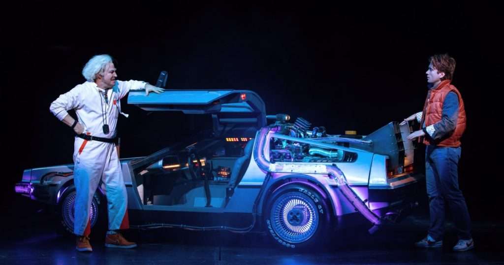 Roger Bart as Doc Brown & Olly Dobson as Marty McFly in Back to the Future the Musical, credit Sean Ebsworth Barnes