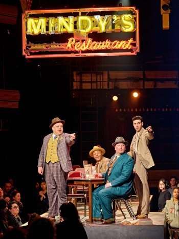Guys & Dolls: L-R Owain Arthur, Jonathan Ander Hume, Ryan Pidgen, George Ioannides. Photo Credit Manuel Harlan.