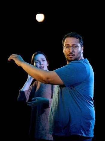 Eileen O' Higgins (Anya) and Irfan Shamji (Ash) in 'The Cord' at Bush Theatre. Photo Manuel Harlan.