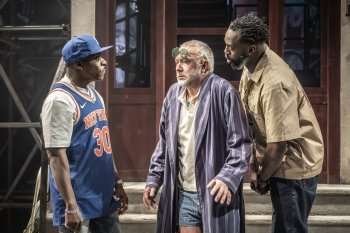 Richard Pepple (Mr. Bugz), Jasper Britton (Gerry Brinsler), Sule Rimi (Lamont Born Cipher) - credit Marc Brenner