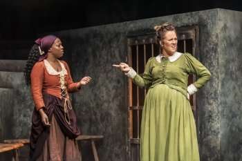 (l-r) Gabrielle Brooks (Jenet) and Lauryn Redding (Rose) in Coven at Kiln Theatre © Marc Brenner