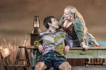 Éanna Hardwicke (Christy Mahon) and Nicola Coughlan (Pegeen Mike) in The Playboy of the Western World at the National Theatre. (c) Marc Brenner