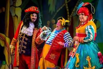 Lewes Roberts as Hook, Tucker as Smee, Martyn Knight as Mrs Smee. Photo credit: P Gurr