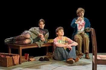 Holly Godliman (Chloë Coverly), William Lawlor (Gus Coverley) and Angus Cooper (Valentine Coverly) in Arcadia at The Old Vic (2026). Photo by Manuel Harlan